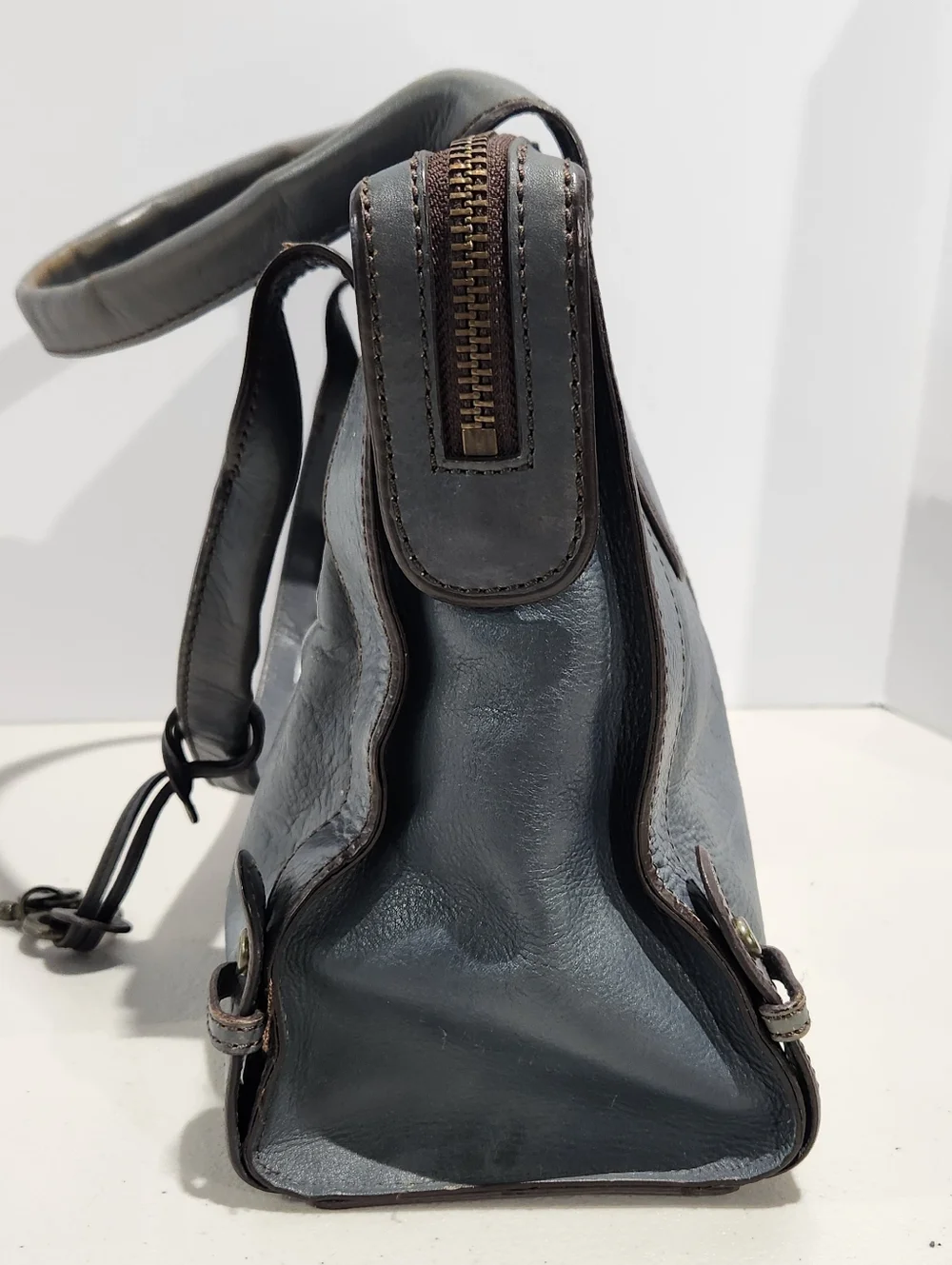 Fossil Vintage Reissue Leather Handbag Satchel Slate Blue With Key Accessory